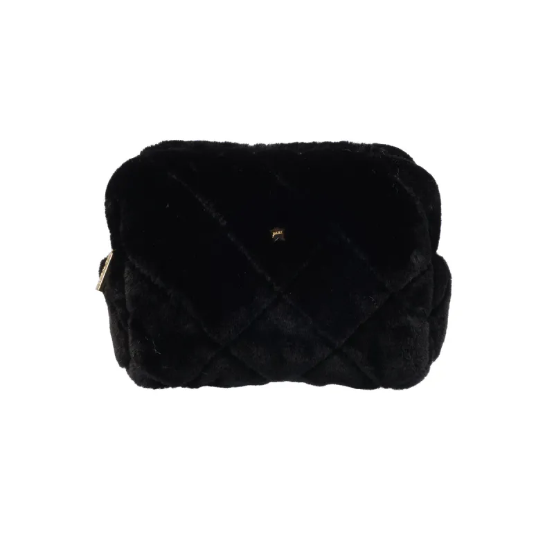 Dark FAUX FUR QUILTED MAKE-UP POUCH SMALL BLACK