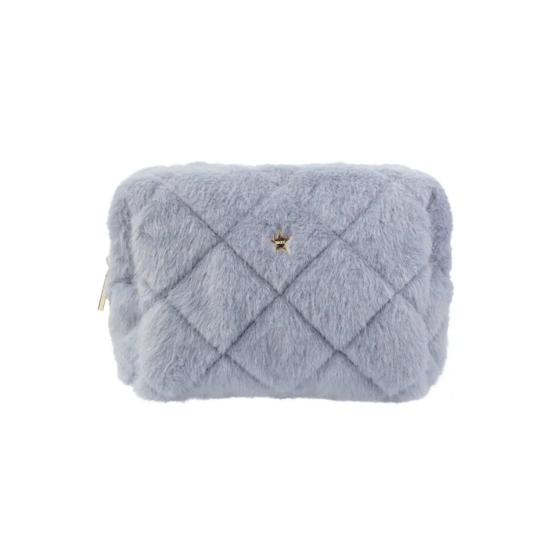 Dark FAUX FUR QUILTED MAKE-UP POUCH SMALL COOL BLUE