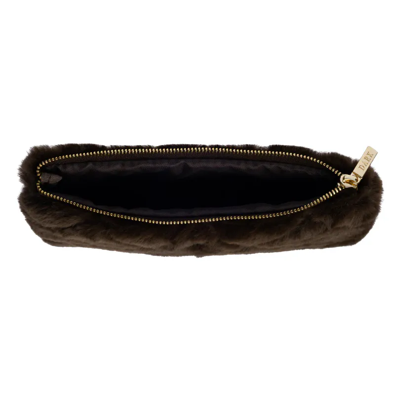 Dark FAUX FUR QUILTED SMALL POUCH CHOCOLATE BROWN