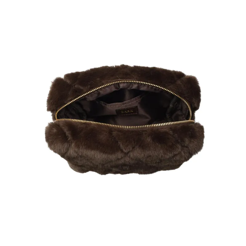 Dark FAUX FUR QUILTED MAKE-UP POUCH SMALL CHOCOLATE BROWN