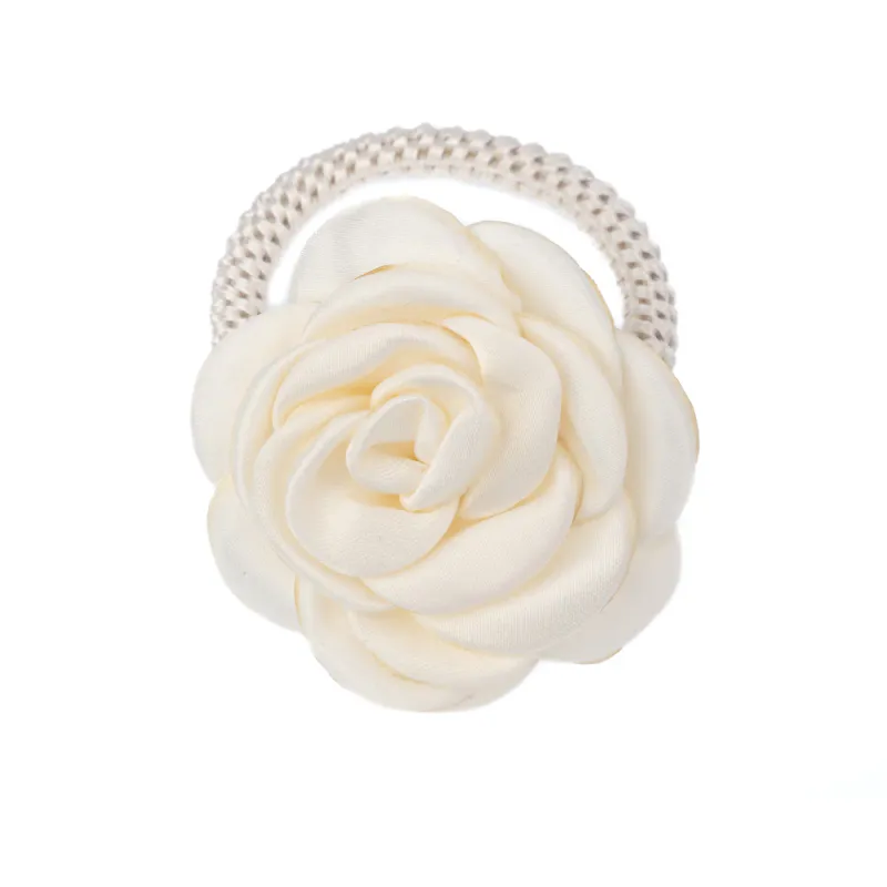 Dark SATIN ROSE HAIR TIE OFF WHITE