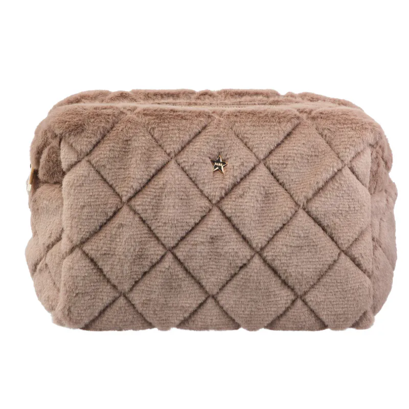 Dark FAUX FUR QUILTED MAKE-UP POUCH LARGE WARM TAUPE