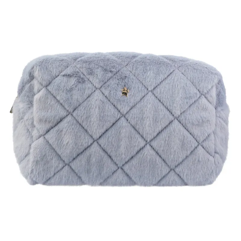Dark FAUX FUR QUILTED MAKE-UP POUCH LARGE COOL BLUE
