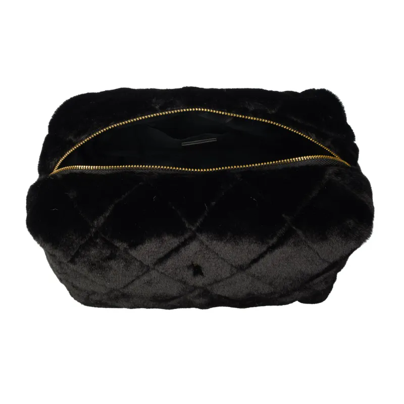 Dark FAUX FUR QUILTED MAKE-UP POUCH LARGE BLACK