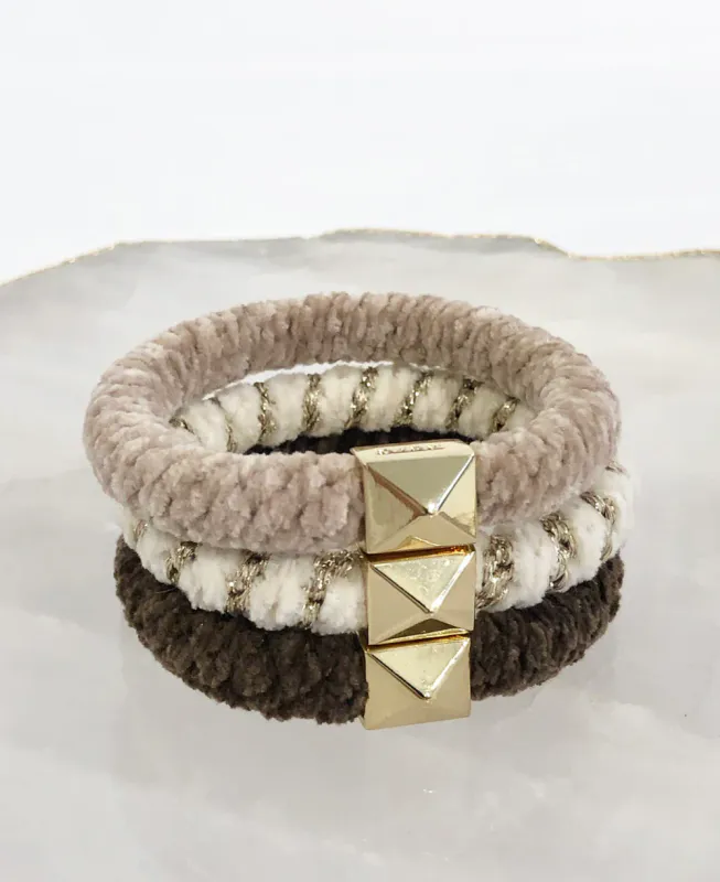 Dark FLUFFY FAT HAIR TIE W/GOLD OFF WHITE STRIPES